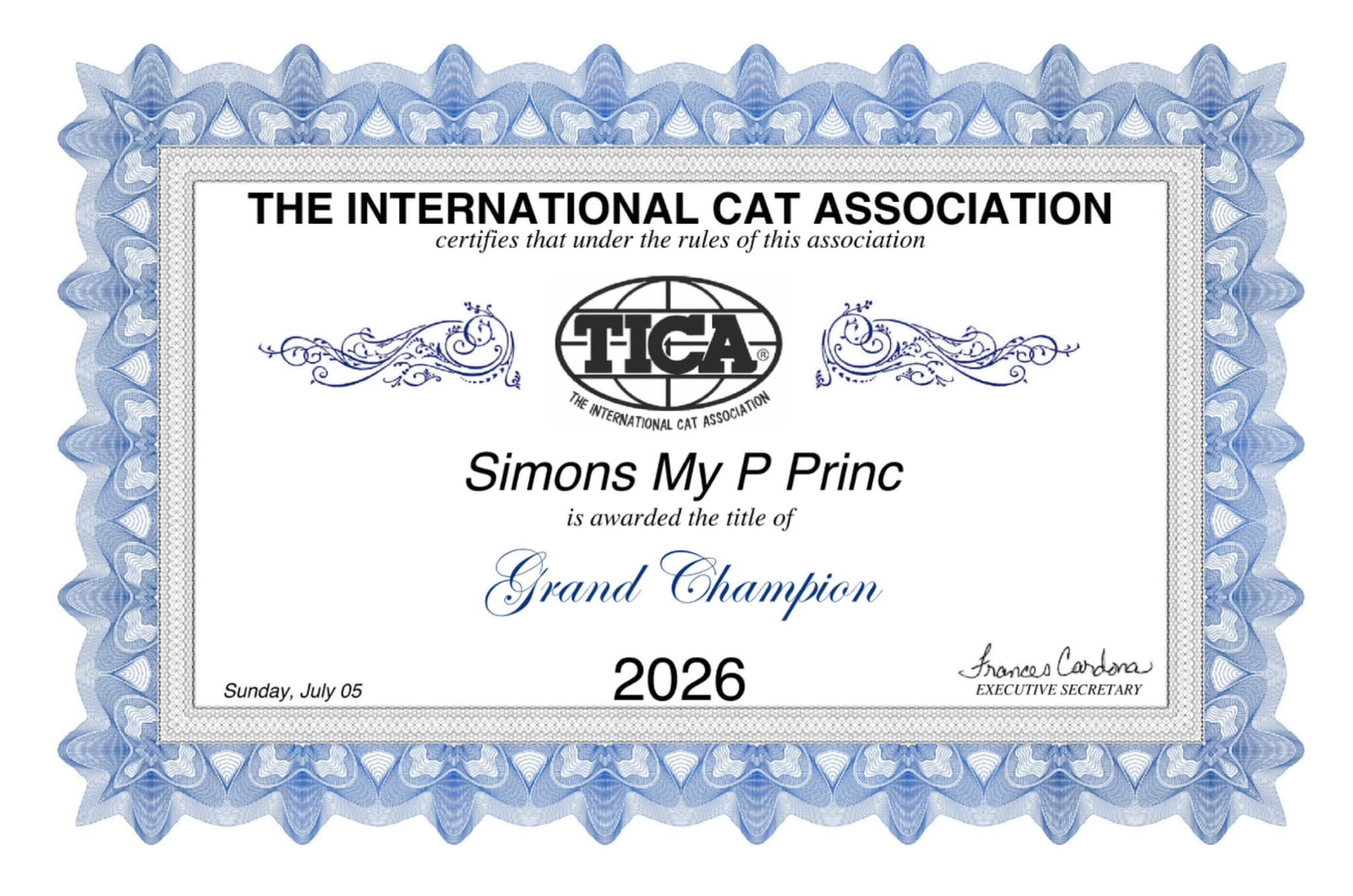 Grand Champion Certificate